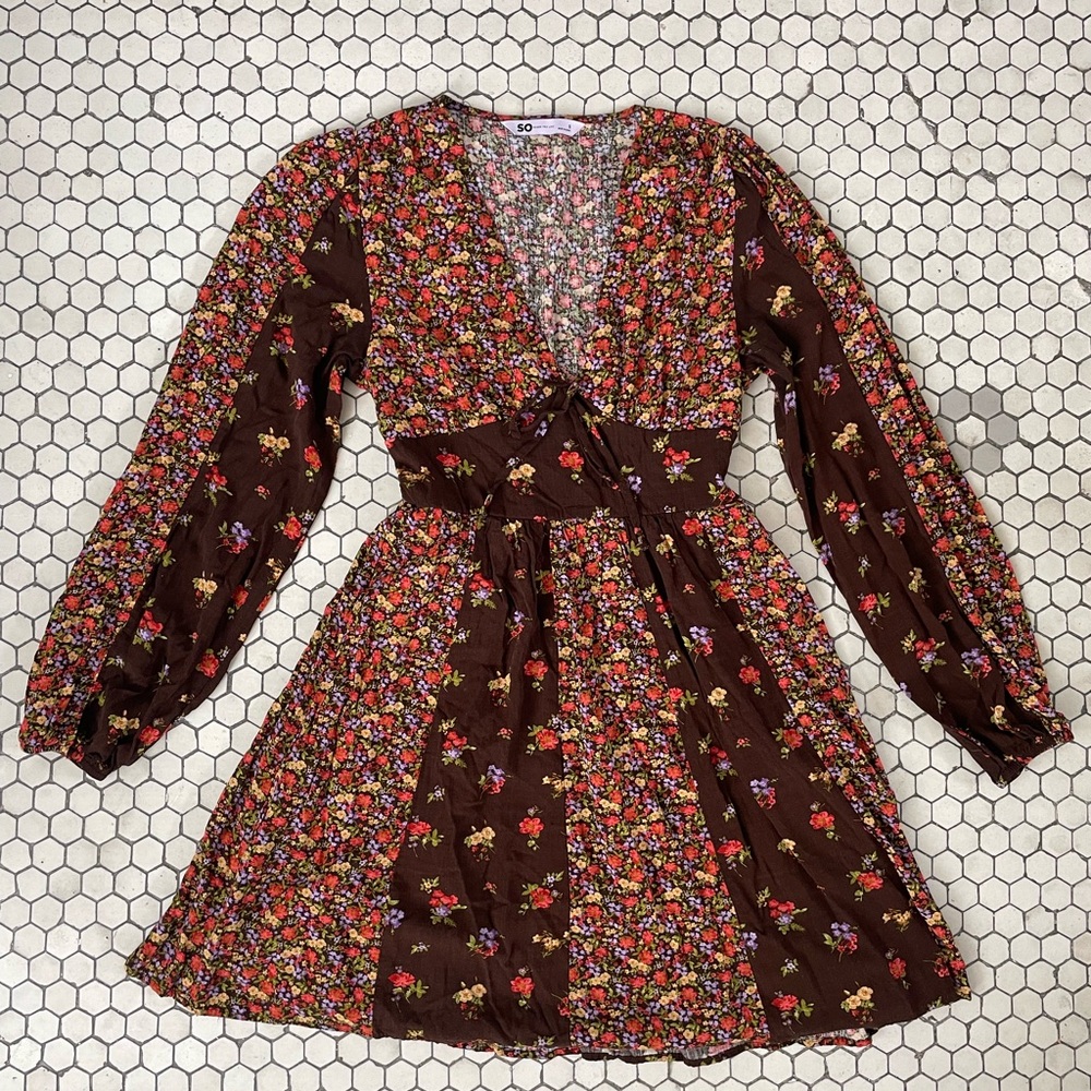SO Dress Small Brown Pink Cottagecore Boho Fairy Farm Bow Long Sleeve Floral